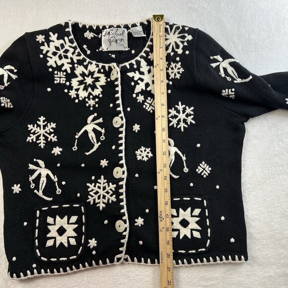 Vtg Michael Simon NYC Sz L Cardigan Sweater Snowflake Ski Black Embroidered 1995 - Picture 8 of 10
